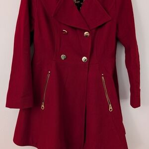 Laundry By Shelli Segal Red Pea Coat with Gold Accents